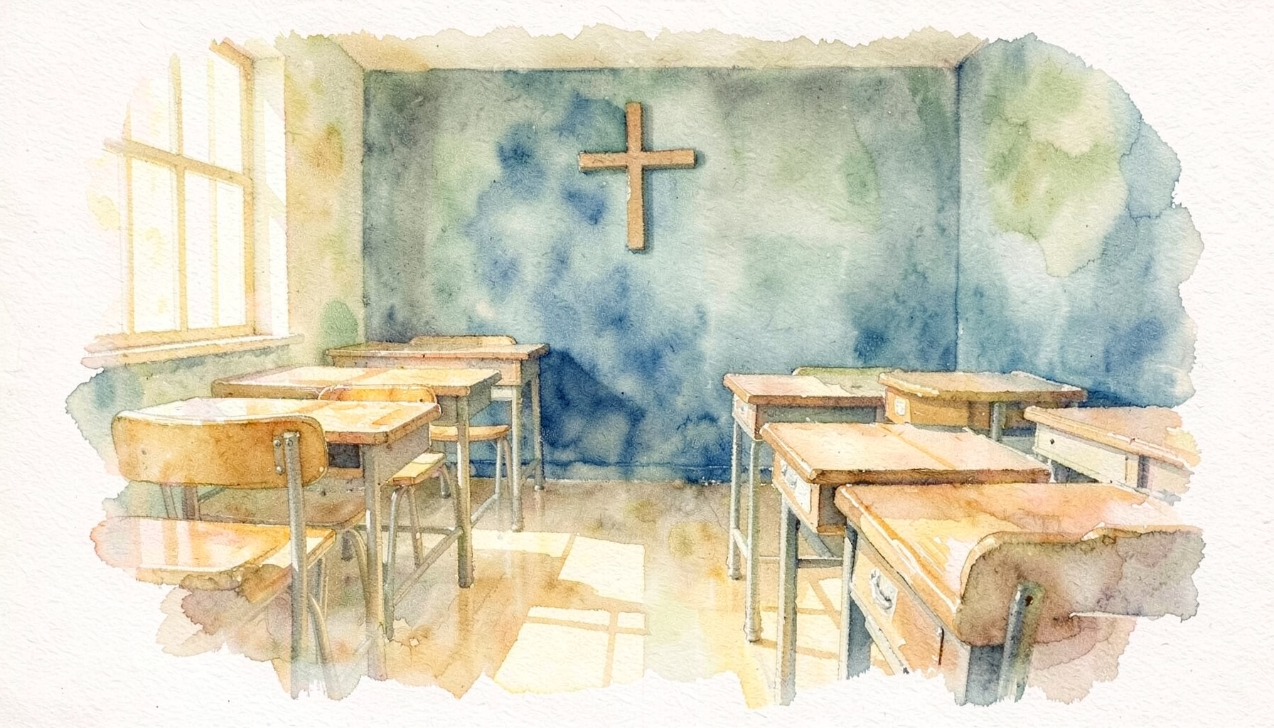 A soft watercolour painting of a sunlit classroom with wooden desks and a cross on the wall, warm gold and sage green tones, peaceful atmosphere